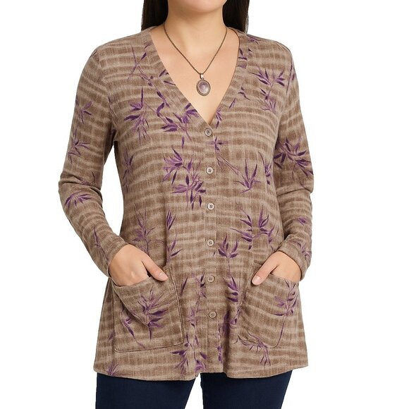 LOGO Lori Goldstein M Brown Purple Floral Button Front Cardigan Pockets Stretch - Picture 1 of 16